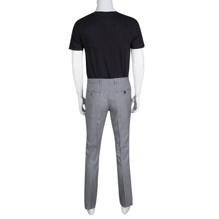 Pre Owned Etro Navy Blue and White Mini Houndstooth Pattern Panama Slim Wool Trousers M