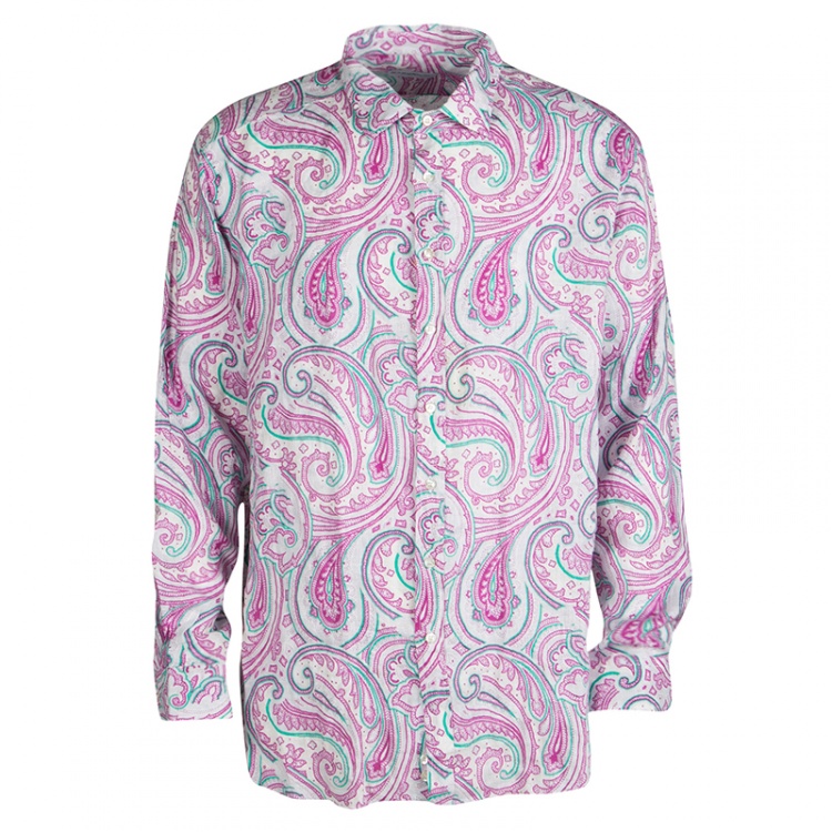 Pre Owned Etro White Paisley Printed Long Sleeve Button Front Linen Shirt 2XL