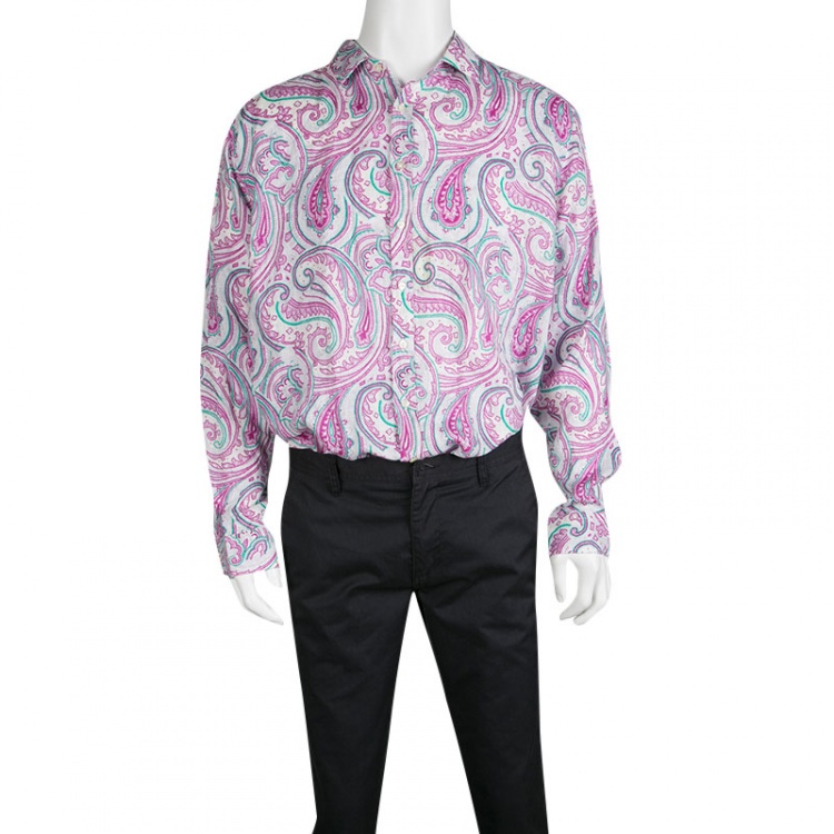Etro White Paisley Printed Long Sleeve Button Front Linen