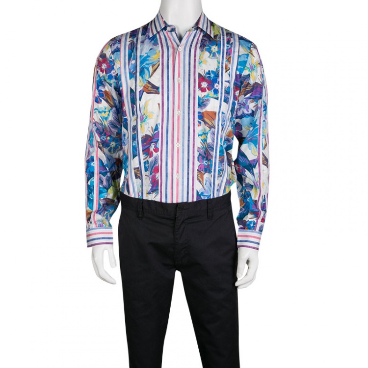 Pre Owned Etro Floral Printed and Striped Cotton Long Sleeve Button Front Roxy Shirt L