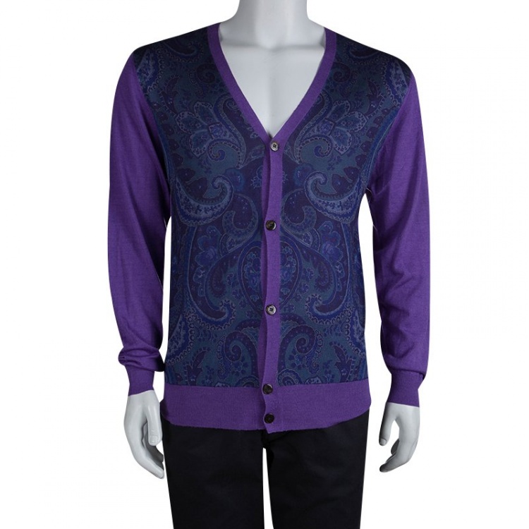Pre Owned Etro Purple Paisley Printed Button Front Cardigan 2XL