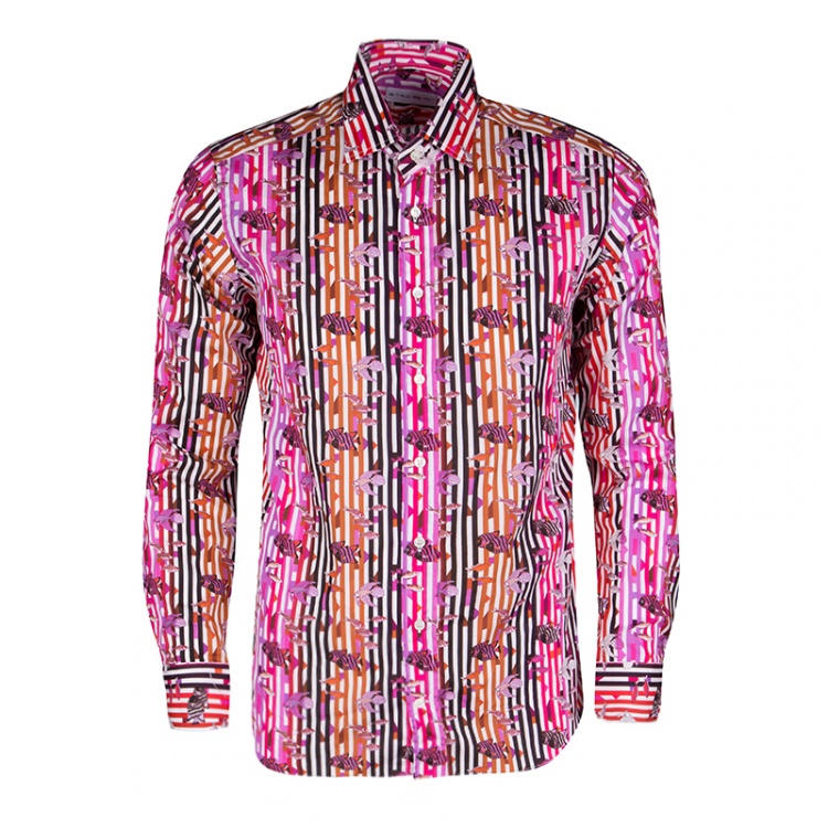 Pre Owned Etro Multicolor Fish Print Striped Cotton Long Sleeve Button Front Shirt L