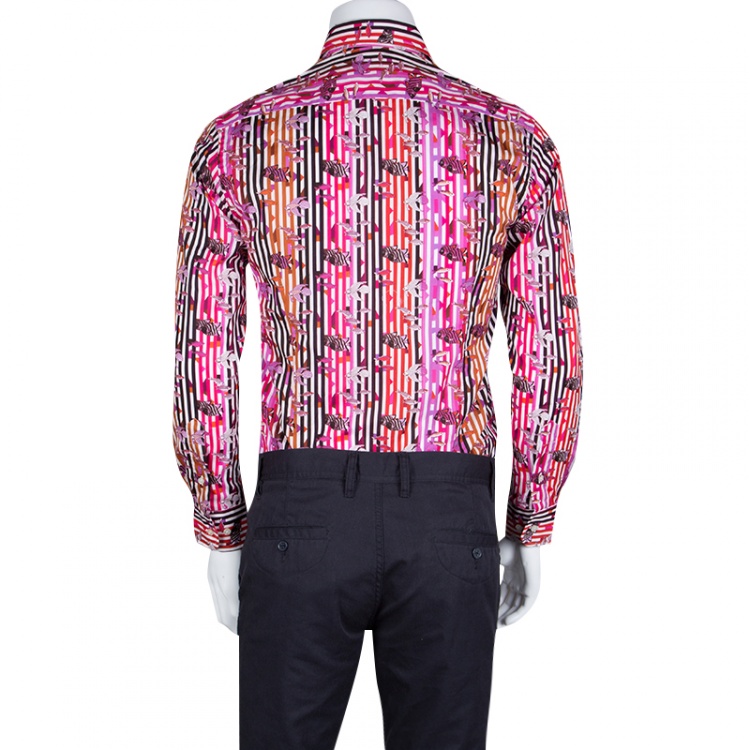 Pre Owned Etro Multicolor Fish Print Striped Cotton Long Sleeve Button Front Shirt L