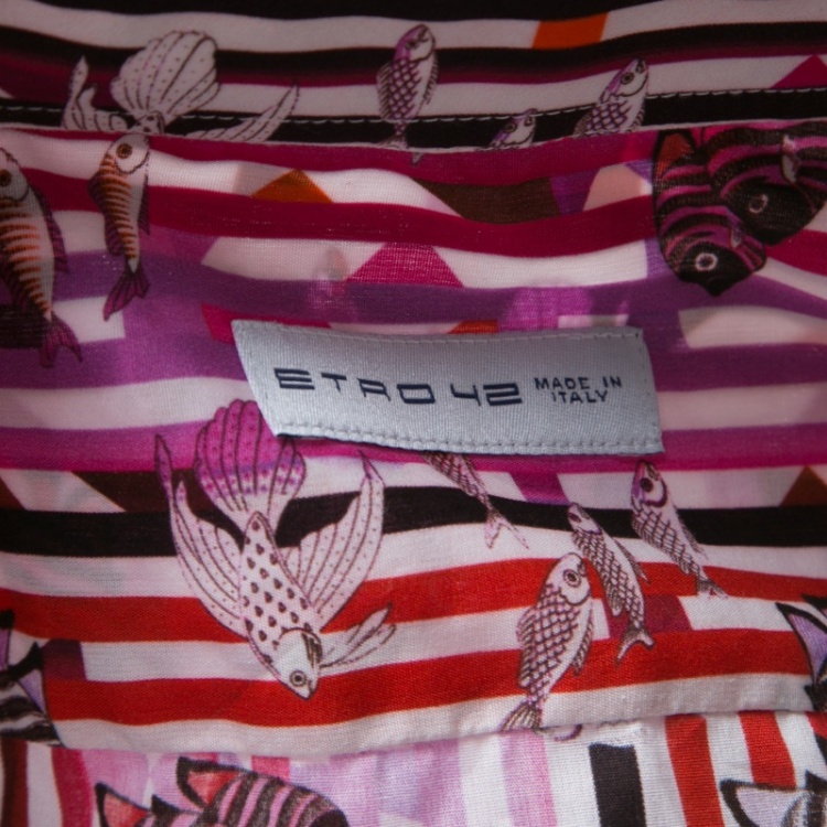 Pre Owned Etro Multicolor Fish Print Striped Cotton Long Sleeve Button Front Shirt L