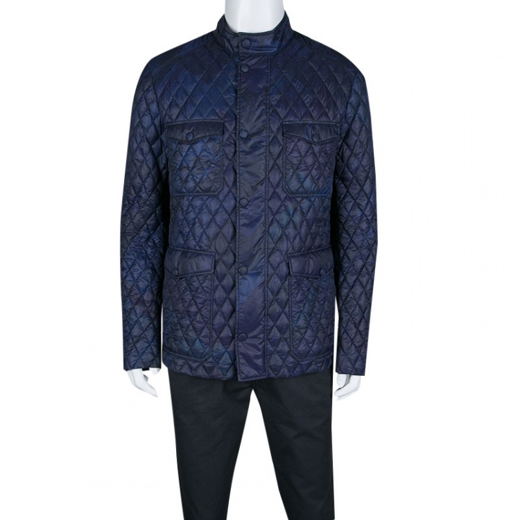 Pre Owned Etro Navy Blue and Black Paisley Print Diamond Quilted Jacket XL