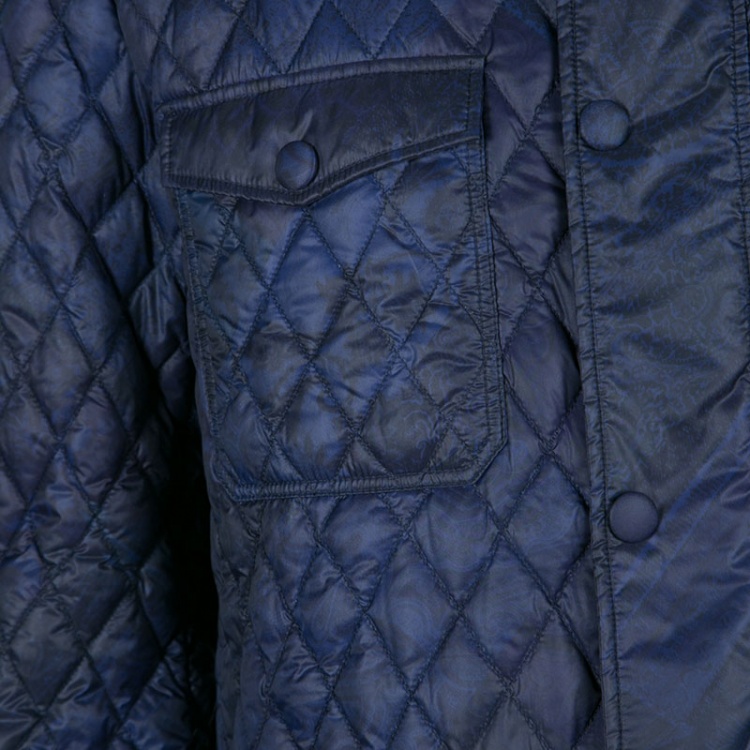 Pre Owned Etro Navy Blue and Black Paisley Print Diamond Quilted Jacket XL