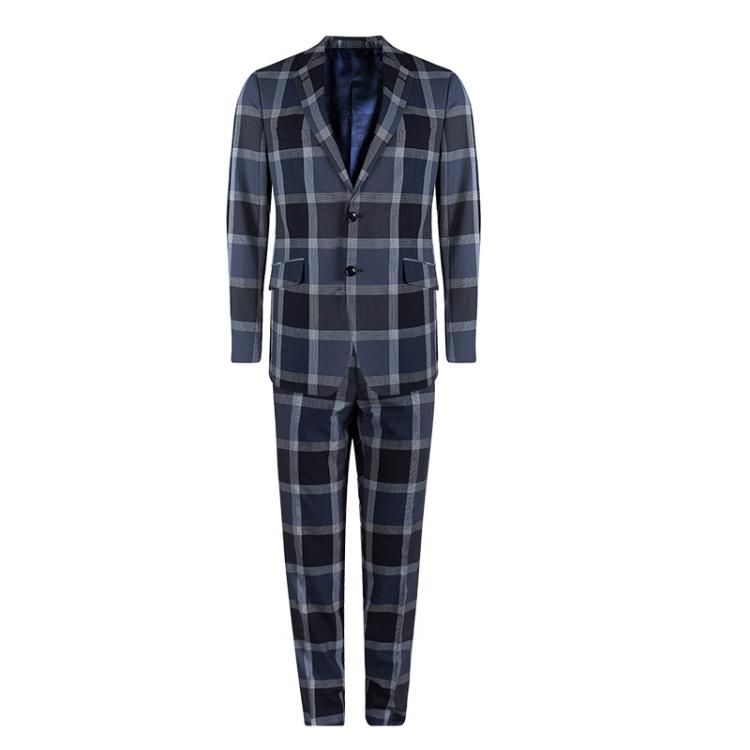 Pre Owned Etro Navy Blue Checked Regular Fit Suit L