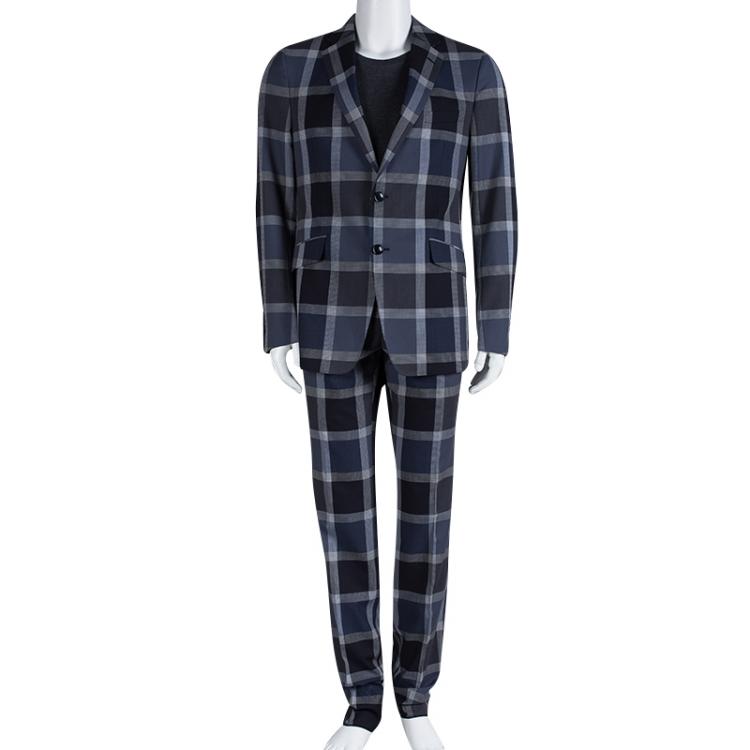 Pre Owned Etro Navy Blue Checked Regular Fit Suit L