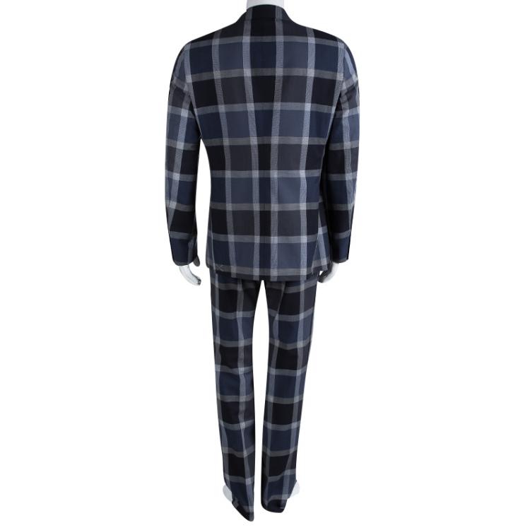 Pre Owned Etro Navy Blue Checked Regular Fit Suit L