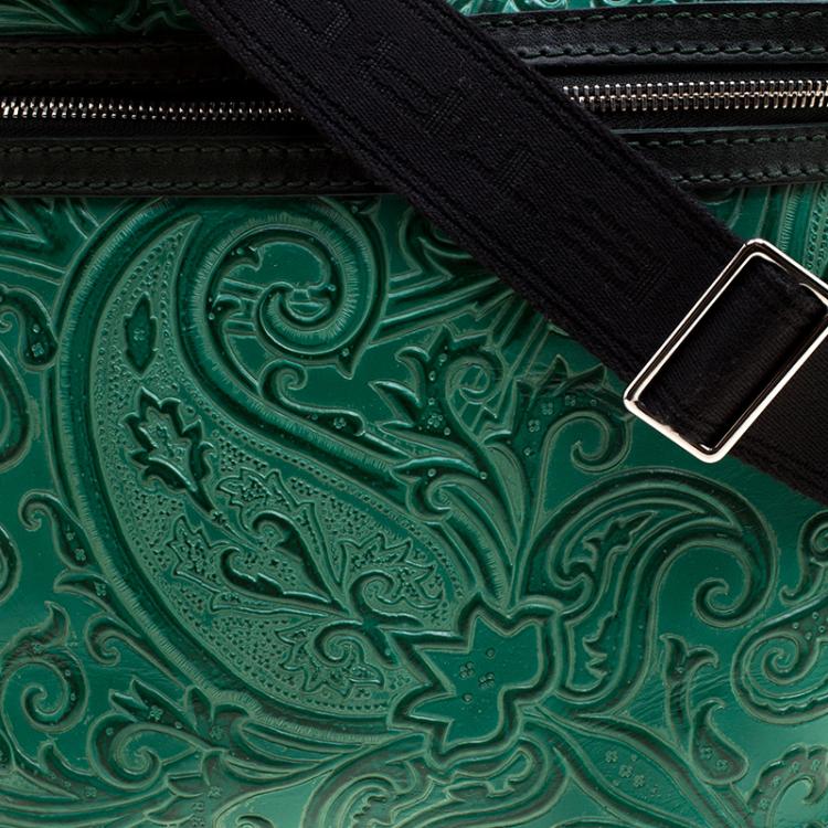 Pre Owned Etro Green Paisley Embossed Leather Messenger Bag