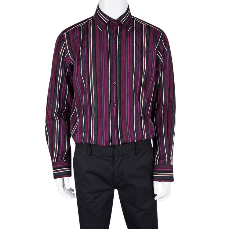 Pre Owned Etro Purple Striped Velvet Detail Button Front Long Sleeve Shirt XL