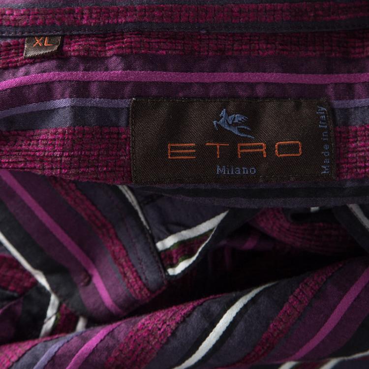 Pre Owned Etro Purple Striped Velvet Detail Button Front Long Sleeve Shirt XL
