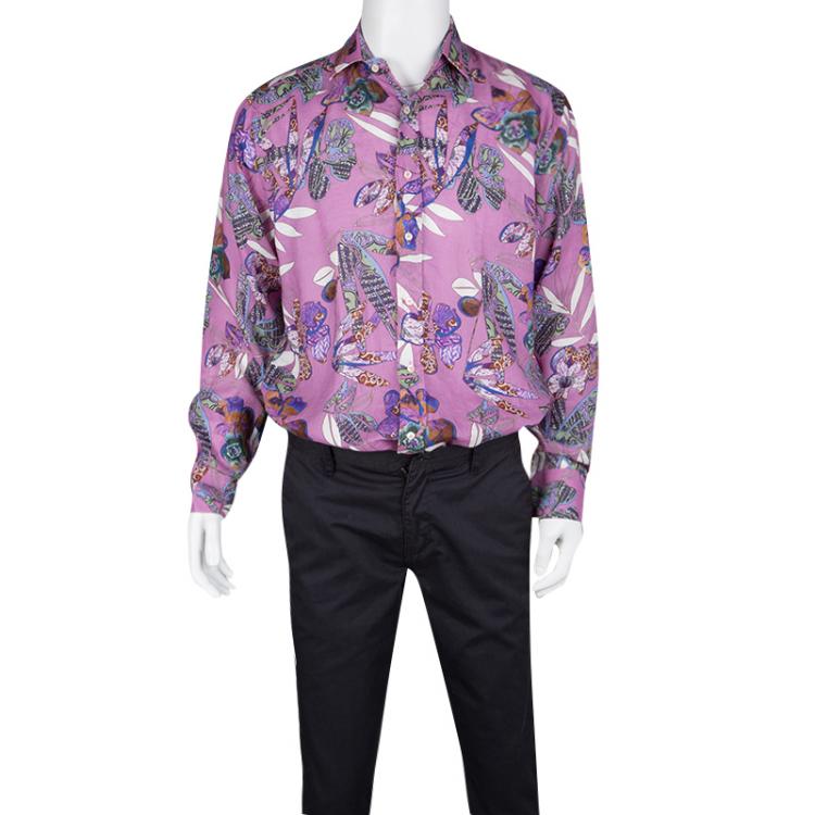 Pre Owned Etro Pink Floral Printed Linen Long Sleeve Button Front Shirt XL