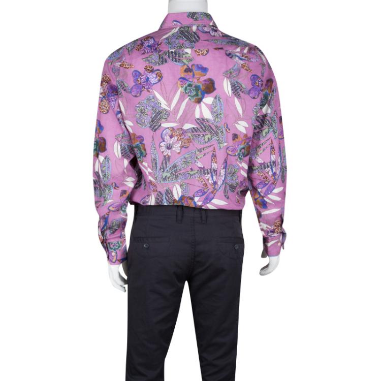Pre Owned Etro Pink Floral Printed Linen Long Sleeve Button Front Shirt XL