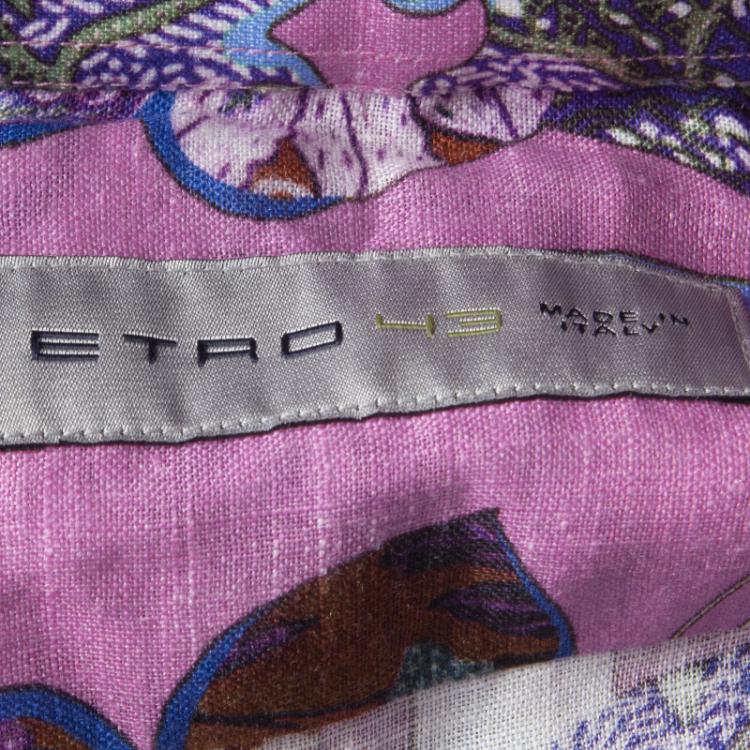 Pre Owned Etro Pink Floral Printed Linen Long Sleeve Button Front Shirt XL