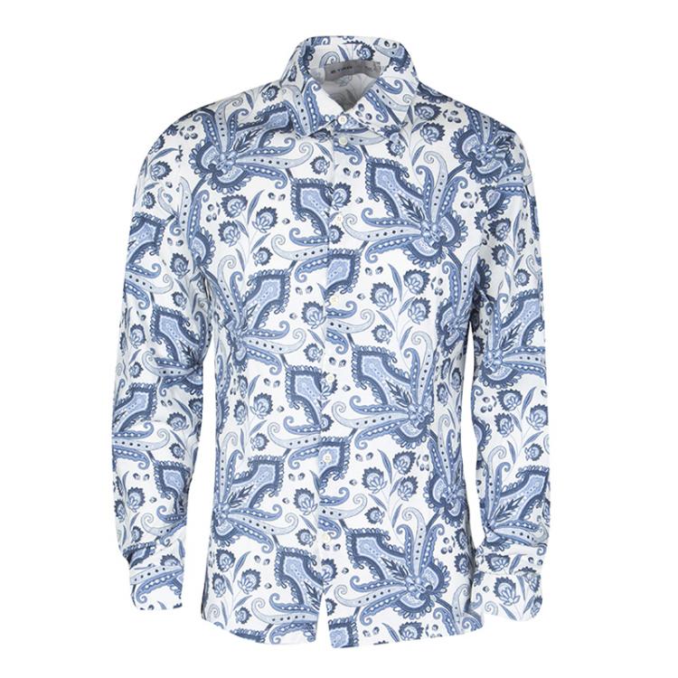 Pre Owned Etro White and Blue Paisley Printed Cotton Knit Long Sleeve Shirt L