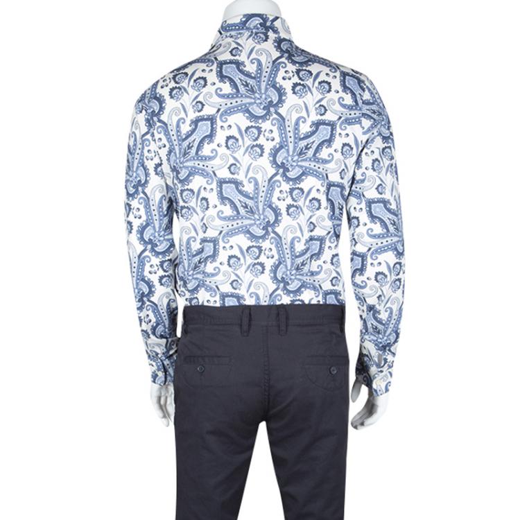 Pre Owned Etro White and Blue Paisley Printed Cotton Knit Long Sleeve Shirt L