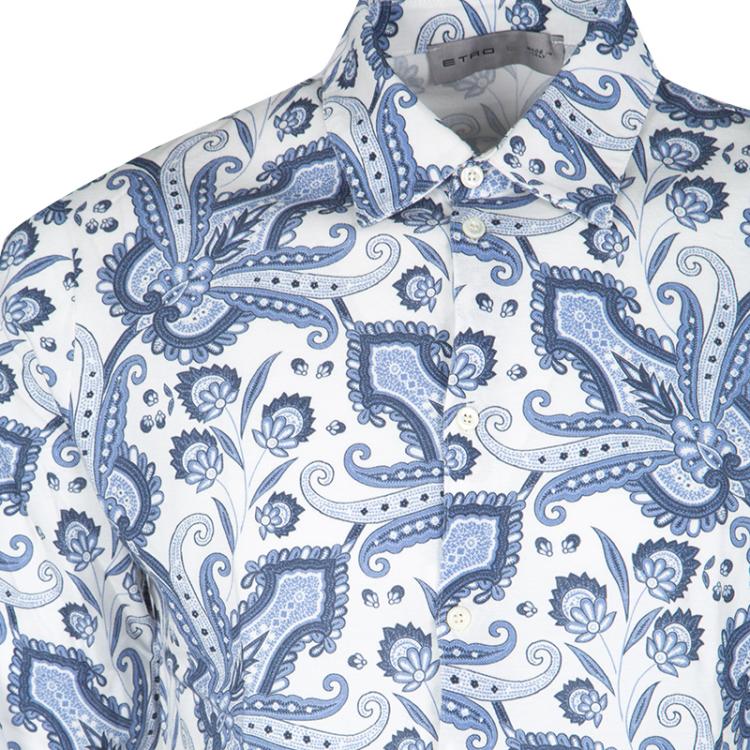Pre Owned Etro White and Blue Paisley Printed Cotton Knit Long Sleeve Shirt L