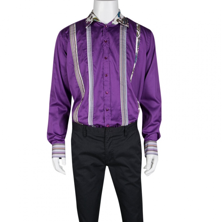 Pre Owned Etro Purple Pleat Detail Long Sleeve Button Front Cotton Luca Shirt L