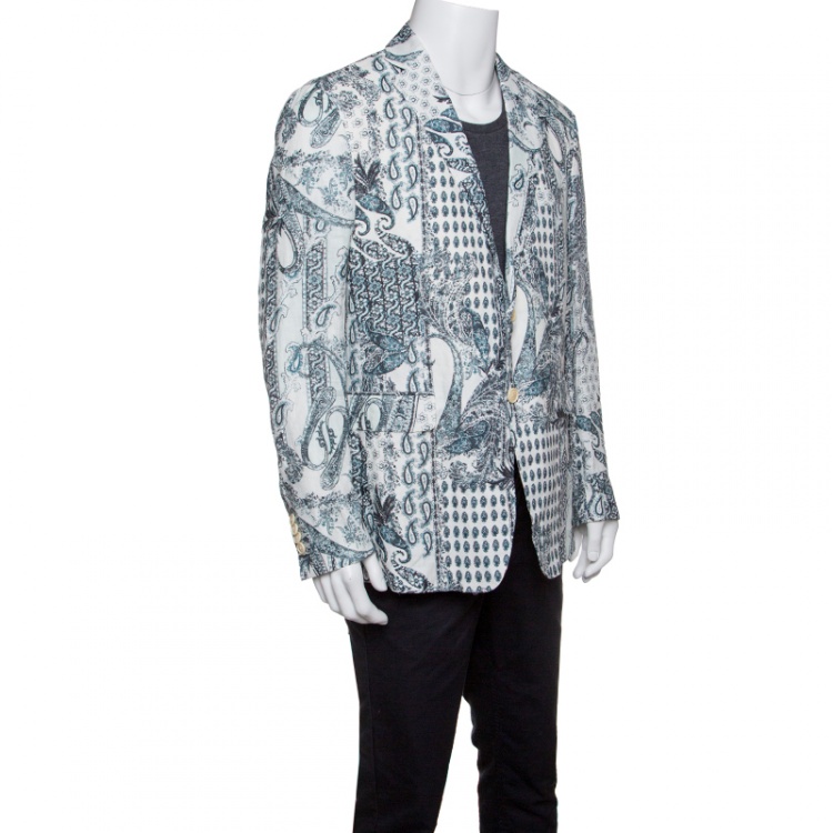 Pre Owned Etro Off White Paisley Printed Linen Blazer L