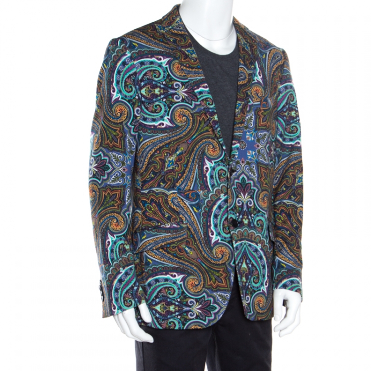 Pre Owned Etro Multicolor Paisley Printed Cotton New Jersey Blazer L