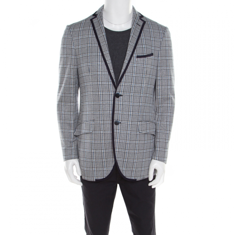 Pre Owned Etro Blue Glen Plaid Checked Linen and Cotton Superlegger Blazer XL