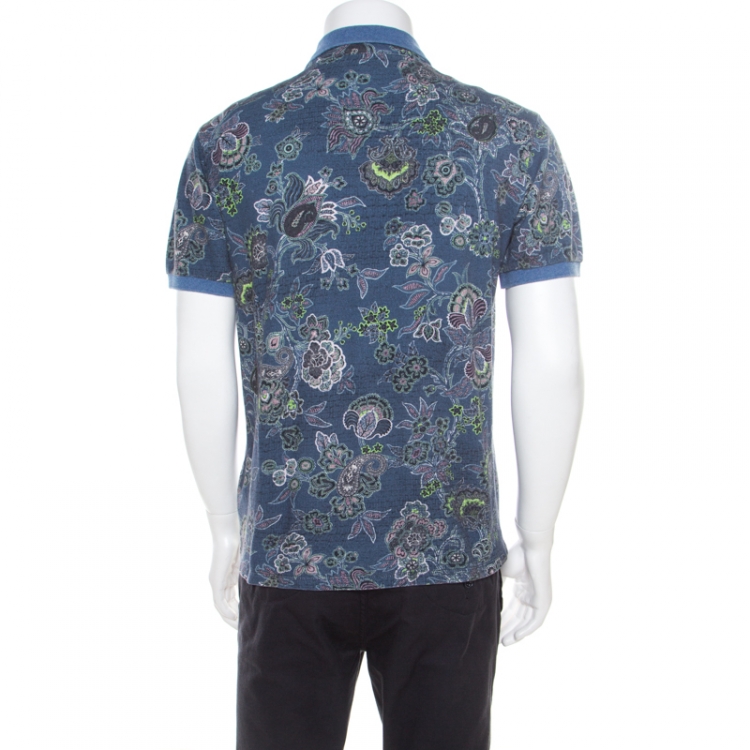 مملوكة مسبقًا Etro Blue Floral Printed Honeycomb Knit Polo T-Shirt M