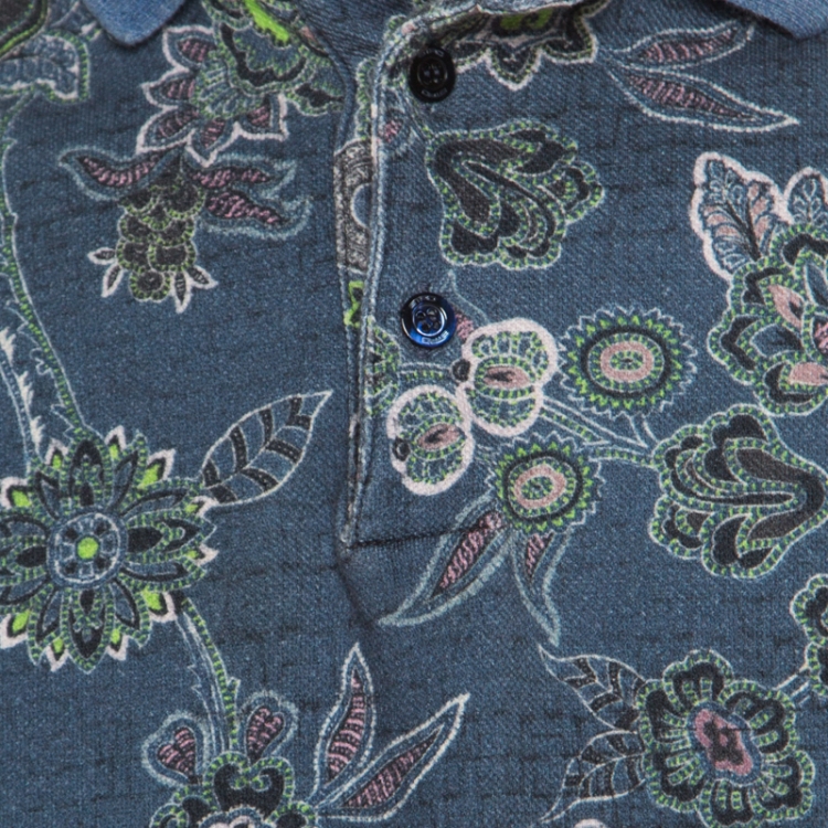 مملوكة مسبقًا Etro Blue Floral Printed Honeycomb Knit Polo T-Shirt M
