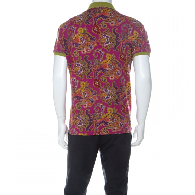Pre Owned Etro Pink Paisley Print Cotton Contrast Collar Polo Shirt L 