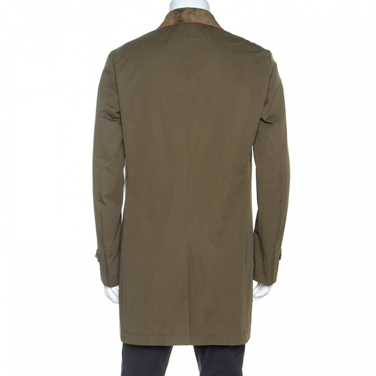 مملوكة مسبقًا Etro Military Green Cotton Leather Collared Trench Coat L 