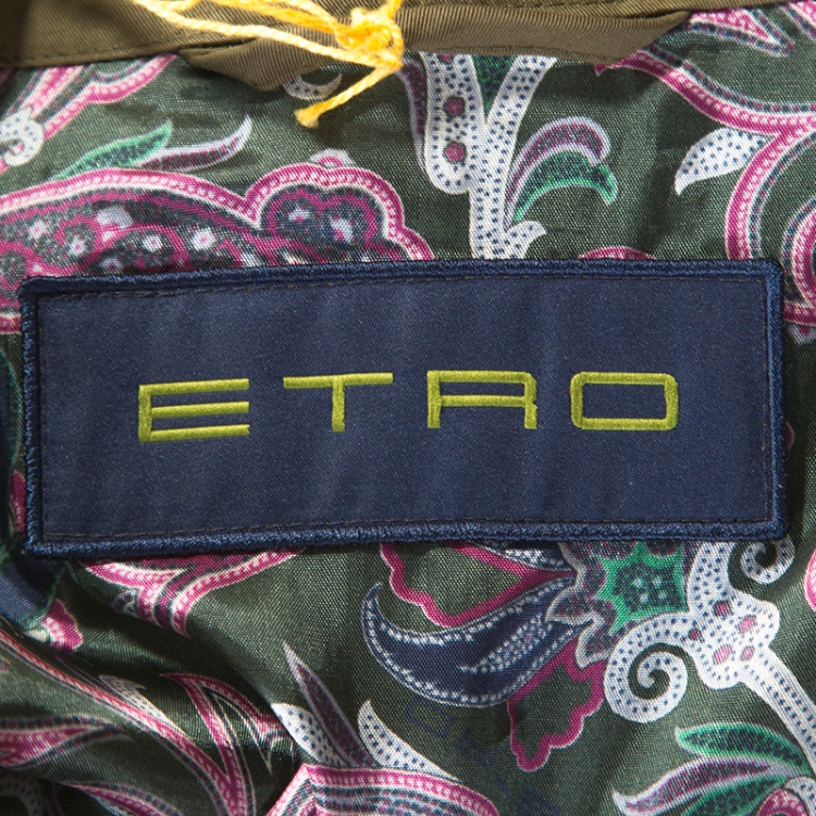 مملوكة مسبقًا Etro Military Green Cotton Leather Collared Trench Coat L 