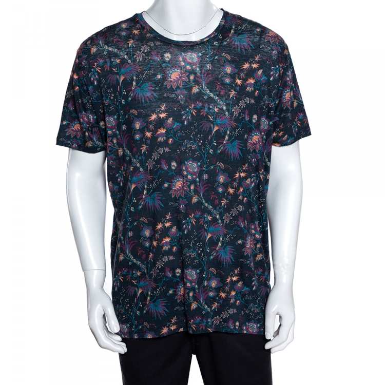 Pre Owned Etro Blue Linen Knit Floral Print T Shirt XL 