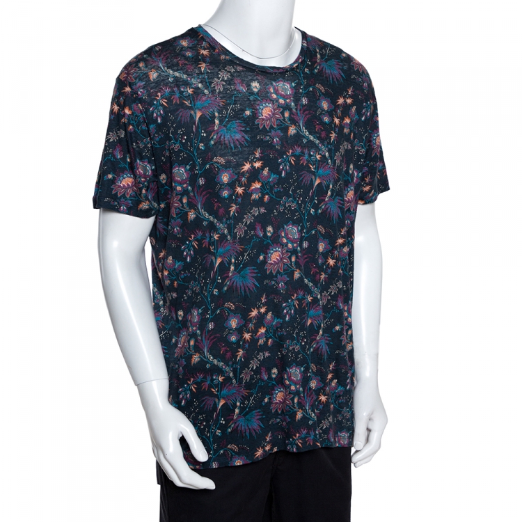 Pre Owned Etro Blue Linen Knit Floral Print T Shirt XL 