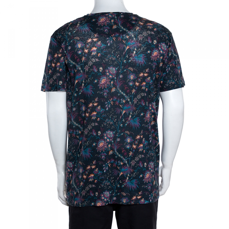 Pre Owned Etro Blue Linen Knit Floral Print T Shirt XL 