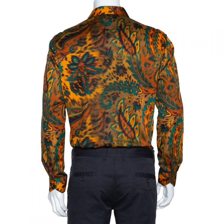 Pre Owned Etro Mustard Orange Cotton Exploded Paisley Print Button Front Shirt L