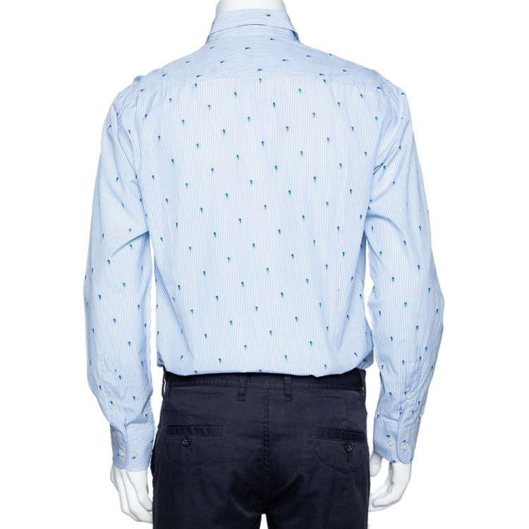 Pre Owned Etro Light Blue Striped Seahorse Pattern Cotton Long Sleeve Shirt L