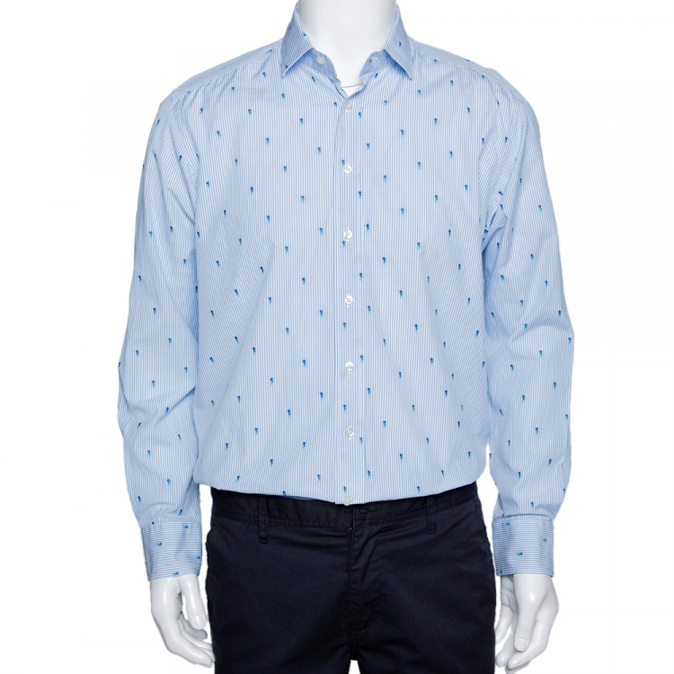 Pre Owned Etro Light Blue Striped Seahorse Pattern Cotton Long Sleeve Shirt L