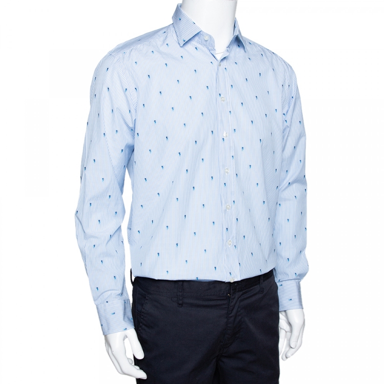 Pre Owned Etro Light Blue Striped Seahorse Pattern Cotton Long Sleeve Shirt L