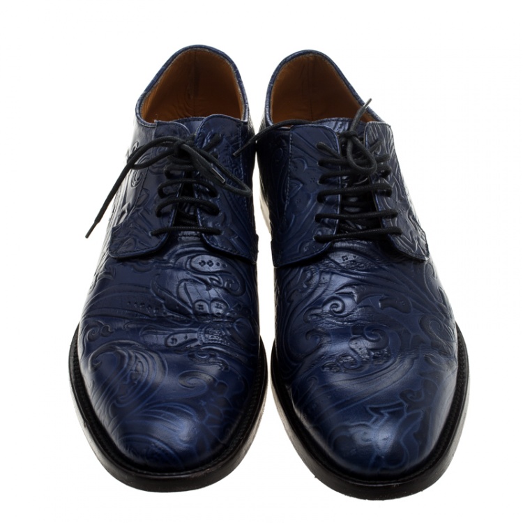 Pre Owned Etro Blue Paisley Embossed Leather Lace Up Derby Size 42