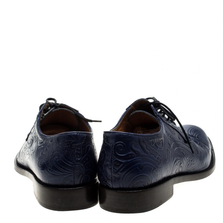 Pre Owned Etro Blue Paisley Embossed Leather Lace Up Derby Size 42