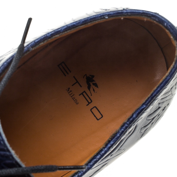 Pre Owned Etro Blue Paisley Embossed Leather Lace Up Derby Size 42