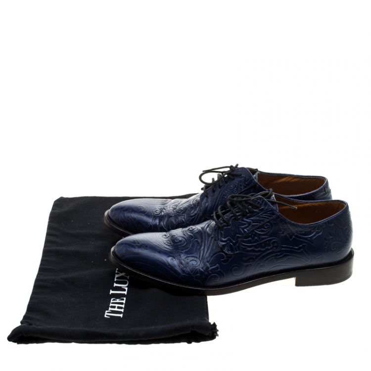 Pre Owned Etro Blue Paisley Embossed Leather Lace Up Derby Size 42
