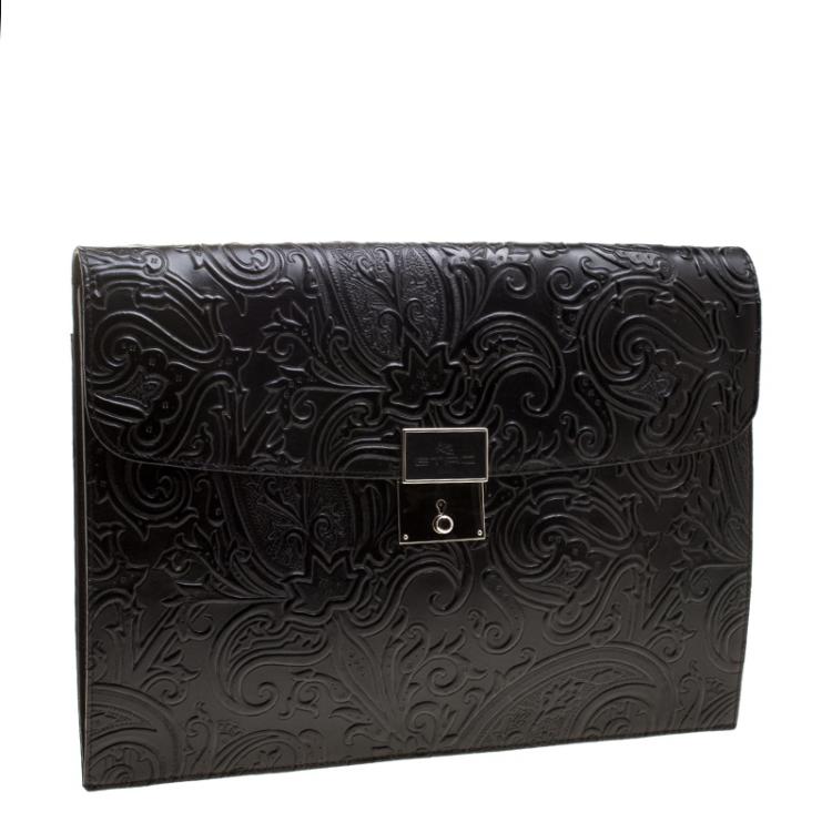 Pre Owned Etro Black Paisley Embossed Leather Document Case