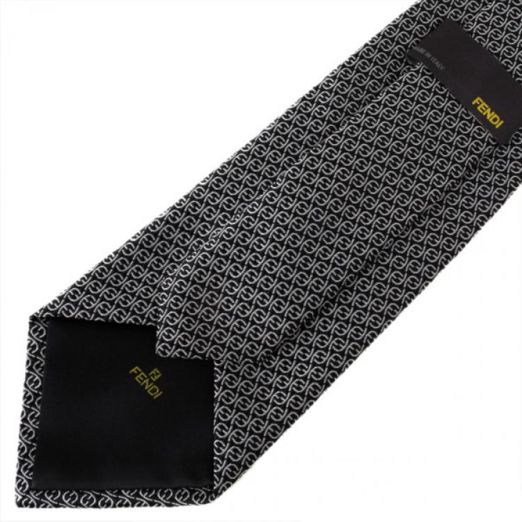 Pre Owned Fendi Black FF Embroidered Silk Tie