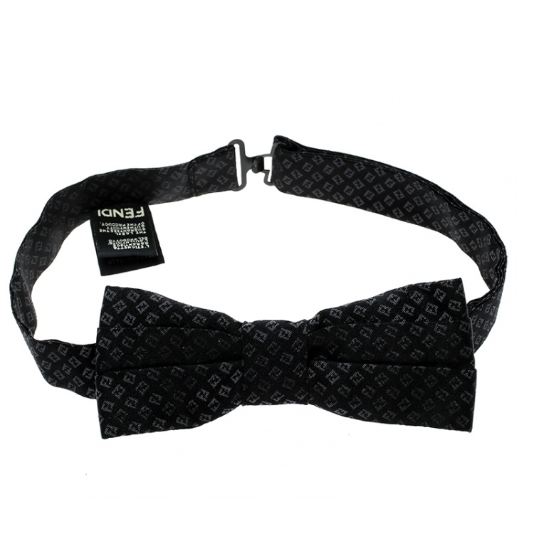 Pre Owned Fendi Black Mini Zucca Printed Silk Narrow Bow Tie