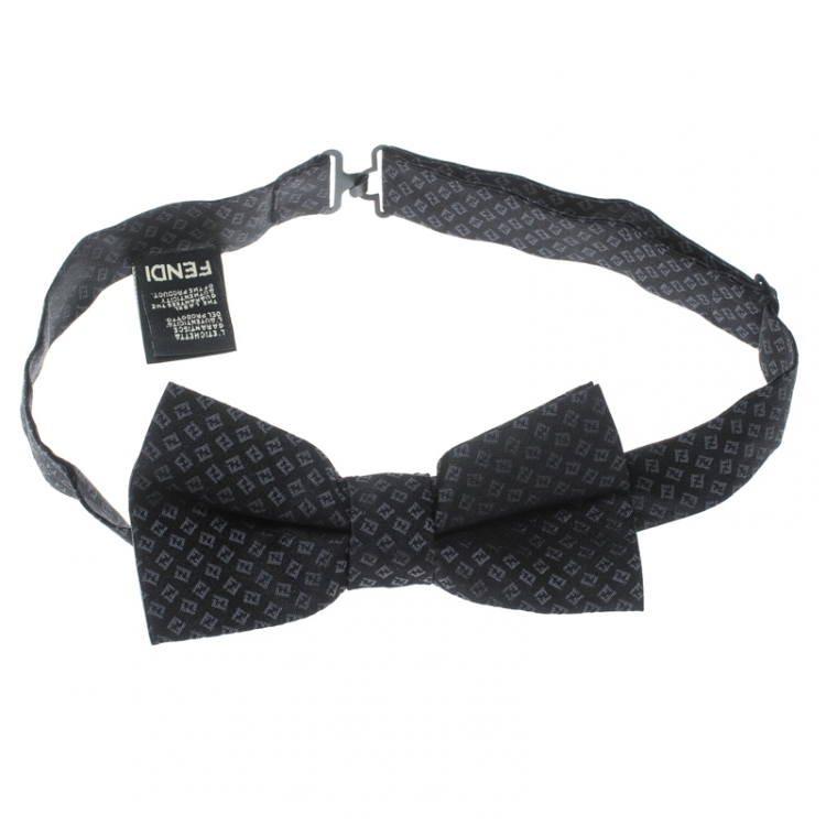 Pre Owned Fendi Black Logo Pattern Jacquard Silk Butterfly Bow Tie