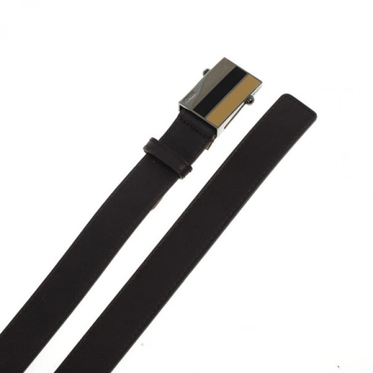 Pre Owned Fendi Brown Leather Striped Enamel Sliding Buckle Belt 105 CM