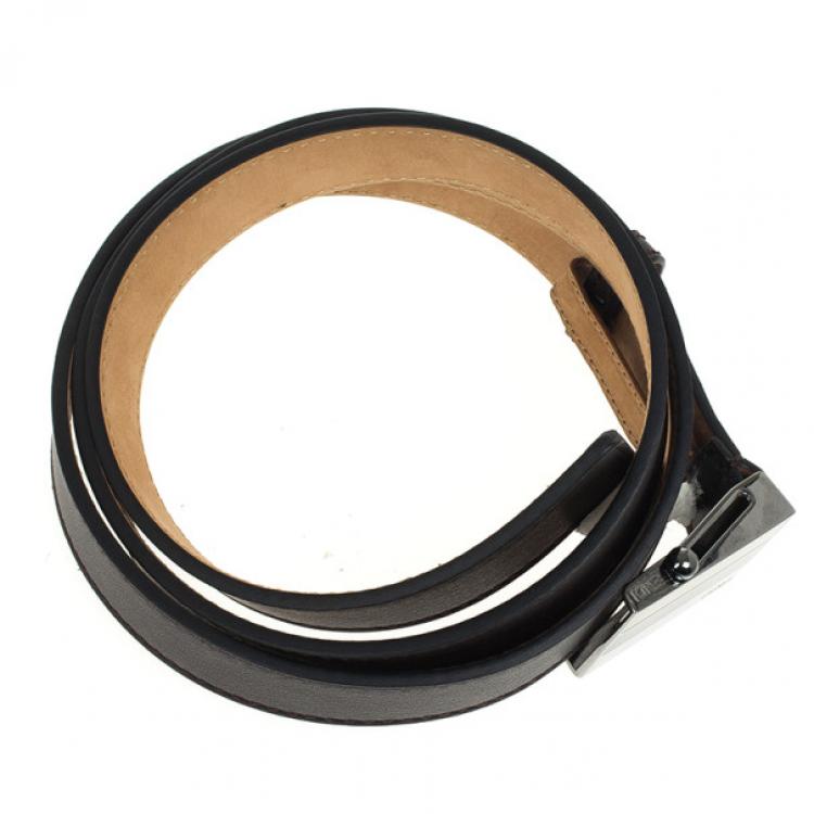 Pre Owned Fendi Brown Leather Striped Enamel Sliding Buckle Belt 105 CM