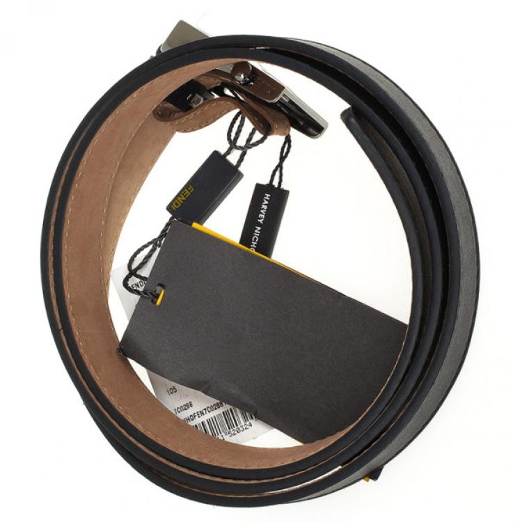 Pre Owned Fendi Black Leather Striped Enamel Sliding Buckle Belt Size 36