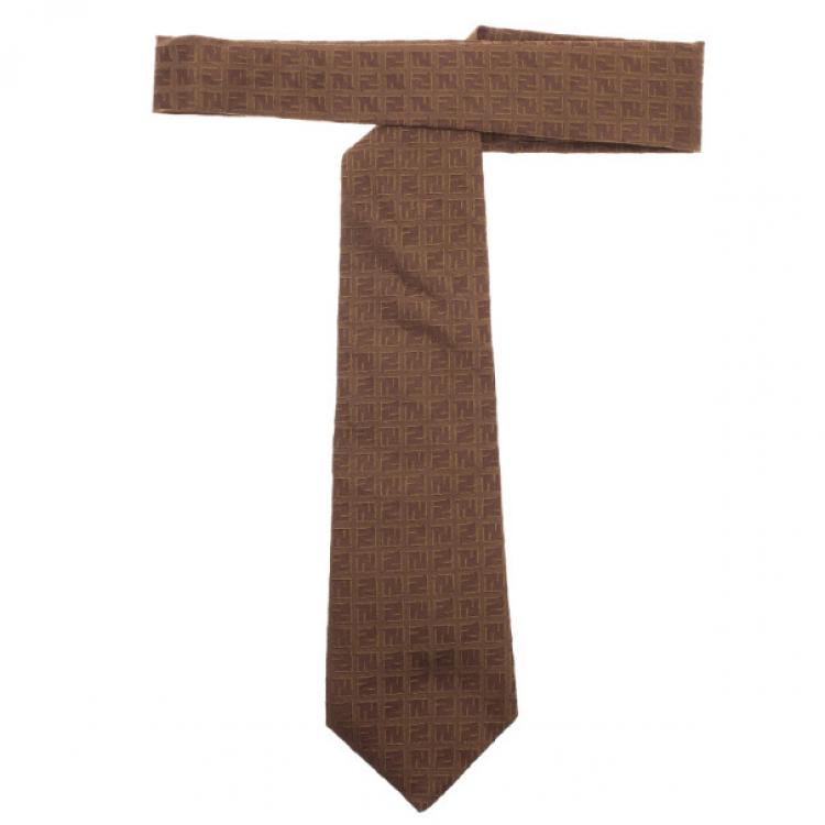 Pre Owned Fendi Brown FF Embroidered Silk Tie